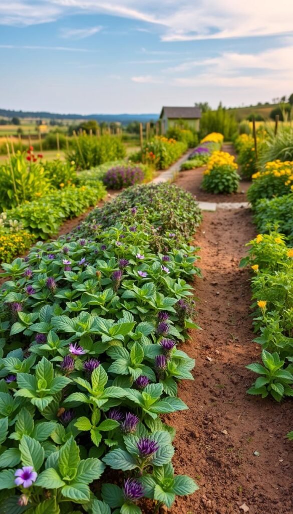 A lush, organic garden filled with vibrant medicinal herbs arranged in harmonious companion planting patterns. The foreground depicts neatly tended planting beds with rows of thriving plants, their leaves and flowers in shades of green, purple, and yellow. The middle ground showcases various herbs and companion plants positioned strategically to maximize growth and pest control, with natural pathways winding through the garden. The background features a serene landscape, perhaps a small shed or greenhouse, and a clear blue sky with soft, diffused lighting, creating a tranquil, nurturing atmosphere. Subtle, naturalistic textures and shadows add depth and realism to the scene.