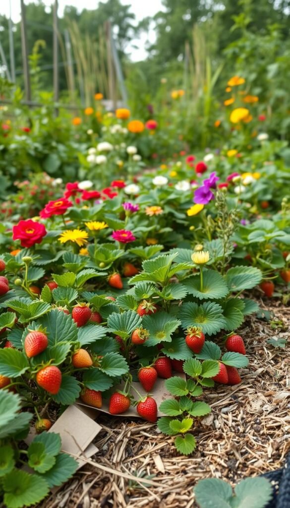 A lush organic garden filled with vibrant strawberry plants, surrounded by a diverse array of companion plants and natural mulches, creating an effective barrier against invasive weeds. In the foreground, a close-up view showcases a variety of eco-friendly weed management techniques, including hand-pulling, layered cardboard, and strategically placed living mulches. The middle ground features a combination of flowering plants and herbs, their vibrant colors and textures complementing the overall scene. In the background, a warm, diffused natural light filters through the canopy, casting a soft, serene glow over the entire garden. The overall composition conveys a sense of harmony, balance, and a thriving, self-sustaining organic ecosystem.