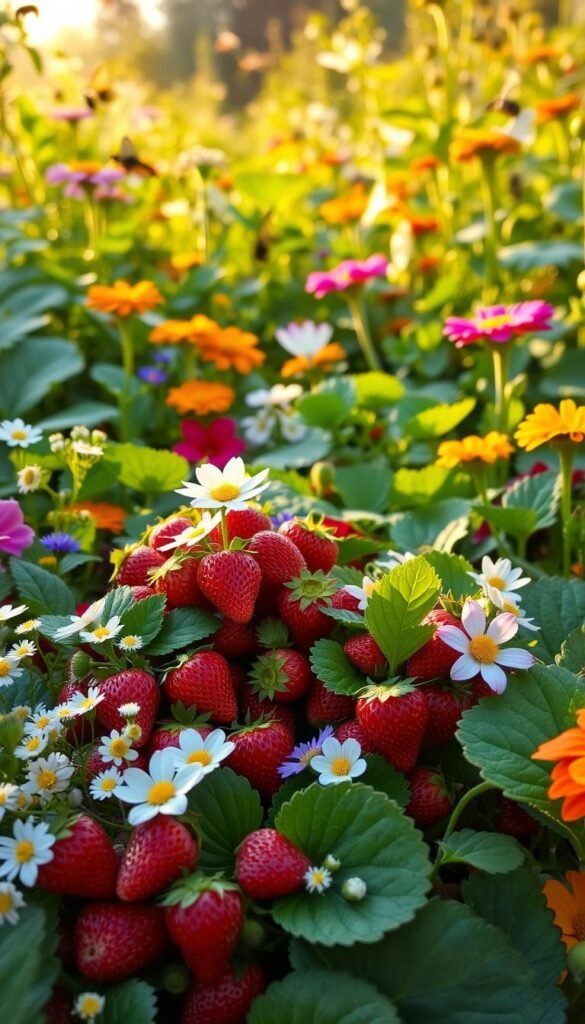 A lush organic strawberry garden, bursting with vibrant companion plants that attract beneficial pollinators. In the foreground, a bountiful cluster of ripe strawberries nestled among delicate white and pink flowers - chamomile, borage, and alyssum. The middle ground showcases a variety of leafy greens, such as nasturtiums and marigolds, their vibrant hues complementing the strawberries. In the background, a hazy scene of buzzing bees and butterflies flitting from bloom to bloom, bathed in warm, golden afternoon light. The overall composition exudes a sense of abundance, harmony, and the natural balance of a thriving, pesticide-free ecosystem.