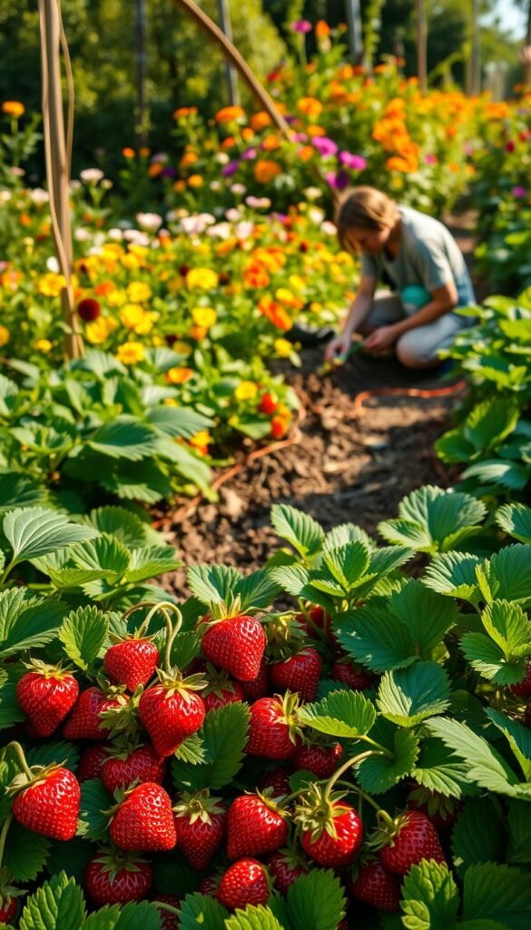 A lush, organic strawberry garden in the height of the growing season. In the foreground, vibrant red strawberries nestle among verdant foliage, their plump forms glistening under the warm, golden sunlight. In the middle ground, a gardener kneels, carefully tending to the plants, mulching the soil with nutrient-rich compost. The background features a riot of colorful pollinator-attracting flowers, their petals swaying gently in a soft breeze. The scene is infused with a sense of tranquility and abundance, capturing the essence of seasonal strawberry care for a healthy, thriving garden.