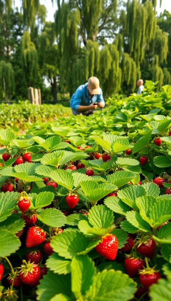 A lush organic strawberry garden, the foreground filled with healthy green plants dotted with vibrant red berries. In the middle ground, a gardener tenderly inspects the leaves, searching for signs of pests. Magnified views reveal ladybugs, lacewings, and other beneficial insects, nature's organic pest control. The background features a verdant backdrop of towering trees, their branches swaying gently in the soft morning light. The overall scene conveys a sense of harmony, with the gardener working in harmony with the ecosystem to maintain a thriving, sustainable strawberry patch.