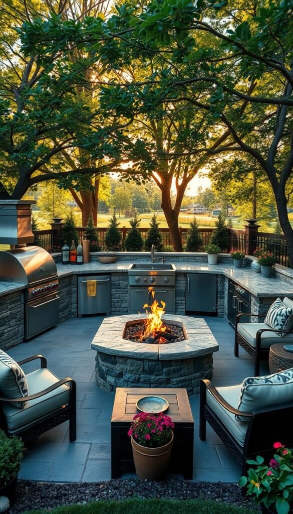 A lush outdoor kitchen nestled in a verdant garden, featuring a grand stone firepit at the center. Warm sunlight filters through the canopy of trees, casting a cozy glow across the scene. Gleaming stainless steel appliances and a charming stone countertop create a rustic yet refined aesthetic. Comfortable lounge furniture surrounds the firepit, inviting guests to gather and enjoy the crackling flames. Carefully curated plants and flowers dot the landscape, adding pops of color and natural beauty. The entire space exudes a sense of tranquility and relaxation, seamlessly blending functionality with aesthetic elegance.