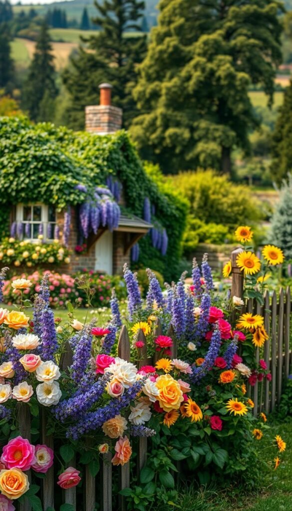 A lush, overflowing cottage garden bursting with vibrant blooms and trailing vines. In the foreground, a profusion of colorful flowers - delicate roses, fragrant lavender, and cheerful sunflowers - spilling over a weathered wooden fence. The middle ground reveals a quaint, ivy-covered stone cottage, its charming facade framed by cascading wisteria and climbing roses. In the background, a verdant backdrop of towering trees and rolling hills, bathed in the warm, golden glow of soft, natural lighting. The overall scene exudes a sense of rustic enchantment and abundant, carefree beauty. A lush, overflowing cottage garden bursting with vibrant blooms and trailing vines. In the foreground, a profusion of colorful flowers - delicate roses, fragrant lavender, and cheerful sunflowers - spilling over a weathered wooden fence. The middle ground reveals a quaint, ivy-covered stone cottage, its charming facade framed by cascading wisteria and climbing roses. In the background, a verdant backdrop of towering trees and rolling hills, bathed in the warm, golden glow of soft, natural lighting. The overall scene exudes a sense of rustic enchantment and abundant, carefree beauty.