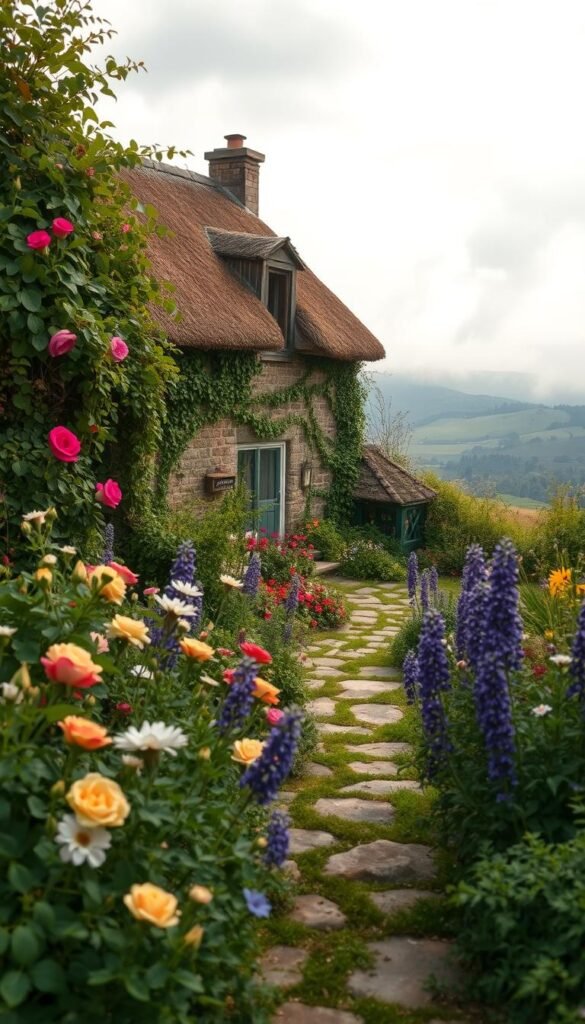 A lush, overgrown cottage garden bathed in soft, warm lighting. In the foreground, an abundance of vibrant flowers - roses, lavender, delphiniums, and more - spill out across a weathered stone path. The middle ground features a charming, ivy-covered stone cottage with a thatched roof, nestled amidst a tangle of vines and trailing plants. The background is a dreamy, hazy landscape of rolling hills and a cloudy sky, evoking a sense of timeless, rustic tranquility. The composition is balanced and inviting, with a focus on the cottage's alluring, rambling aesthetic. Overall, a harmonious, romantic scene that perfectly captures the essence of the cottage garden aesthetic. A lush, overgrown cottage garden bathed in soft, warm lighting. In the foreground, an abundance of vibrant flowers - roses, lavender, delphiniums, and more - spill out across a weathered stone path. The middle ground features a charming, ivy-covered stone cottage with a thatched roof, nestled amidst a tangle of vines and trailing plants. The background is a dreamy, hazy landscape of rolling hills and a cloudy sky, evoking a sense of timeless, rustic tranquility. The composition is balanced and inviting, with a focus on the cottage's alluring, rambling aesthetic. Overall, a harmonious, romantic scene that perfectly captures the essence of the cottage garden aesthetic.