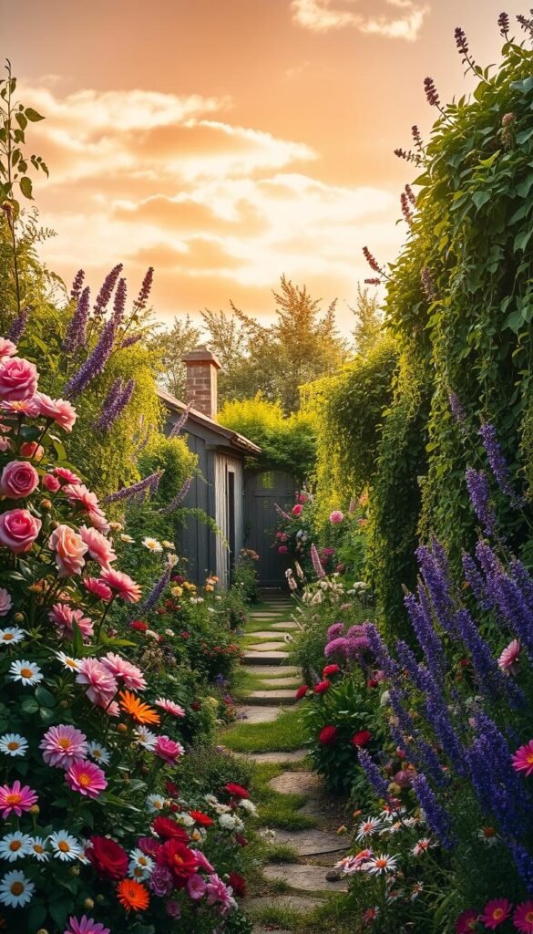 A lush, overgrown cottage garden bursting with vibrant blooms and cascading greenery. In the foreground, an array of colorful flowers - delicate roses, cheerful daisies, and fragrant lavender - frame a quaint garden path leading deeper into the scene. Towering perennials and trailing vines create a verdant, enveloping atmosphere, while wispy clouds drift across a warm, golden-hued sky. Sunlight filters through the foliage, casting a soft, romantic glow and creating deep shadows that add depth and dimension. The overall impression is one of tranquility, beauty, and a delightful transformation from a simple flower bed into a captivating cottage garden paradise.