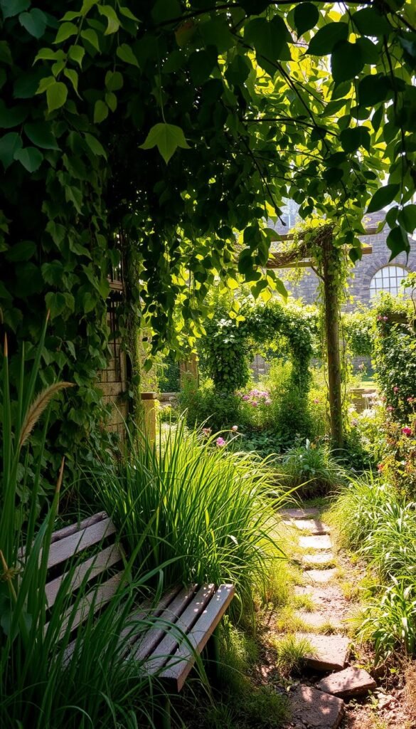 A lush, overgrown garden corner, with cascading vines, tangled foliage, and forgotten flower beds. Dappled sunlight filters through the canopy of leaves, casting a warm, nostalgic glow. In the foreground, a weathered garden bench is partially obscured by wild greenery, inviting exploration. Tall grasses sway gently, and the faint sound of birdsong adds to the tranquil ambiance. The middle ground reveals a hidden path, overgrown with moss and forgotten blooms, leading deeper into the enchanting scene. In the background, a glimpse of a crumbling stone wall or trellis hints at the garden's former glory, now reclaimed by nature. This image captures the allure of a neglected garden corner, brimming with untamed beauty and the promise of new life.