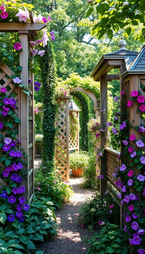 A lush, rambling cottage garden with vertical garden structures adorned in cascading vines and trailing flowers. A series of lattice-work trellises, obelisks, and arches create a charming, romantic backdrop, complemented by the soft, muted tones of weathered wood and the vibrant hues of blooming clematis, morning glories, and climbing roses. Dappled sunlight filters through the verdant foliage, casting gentle shadows and lending an enchanting, ethereal quality to the scene. The overall composition conveys a sense of whimsical abundance and natural, rambling elegance befitting a classic cottage garden.
