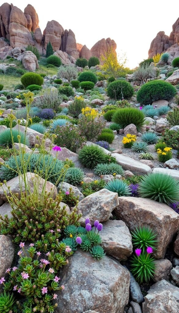 A lush rock garden filled with a carefully curated selection of thriving plants. In the foreground, delicate succulents and vibrant alpine flowers cascade over sun-kissed rocks. The middle ground showcases a mix of low-growing evergreen shrubs and drought-tolerant perennials, creating a harmonious tapestry of textures and colors. In the background, towering boulders and natural stone formations provide a dramatic backdrop, complemented by the warm, golden lighting of a late afternoon sun. The overall scene exudes a sense of tranquility and effortless beauty, inviting the viewer to imagine the peaceful ambiance of this thoughtfully designed rock garden oasis.