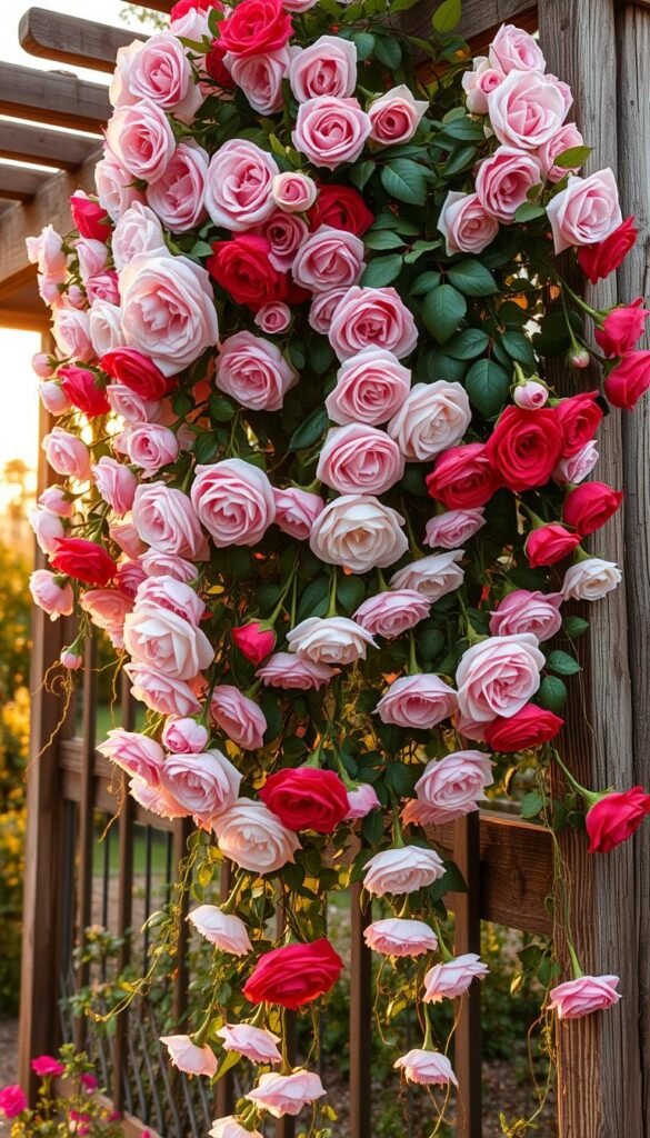 A lush, romantic climbing rose design adorning a rustic garden trellis. Voluptuous blooms in shades of pink, red, and white cascade gracefully, their petals catching the warm, golden light of a setting sun. The arrangement has a sense of timeless elegance, with the roses intertwined amidst verdant foliage and delicate tendrils. The scene is captured from a low, angle emphasizing the height and grandeur of the display, conveying a serene, enchanting atmosphere perfect for a tranquil rose garden.