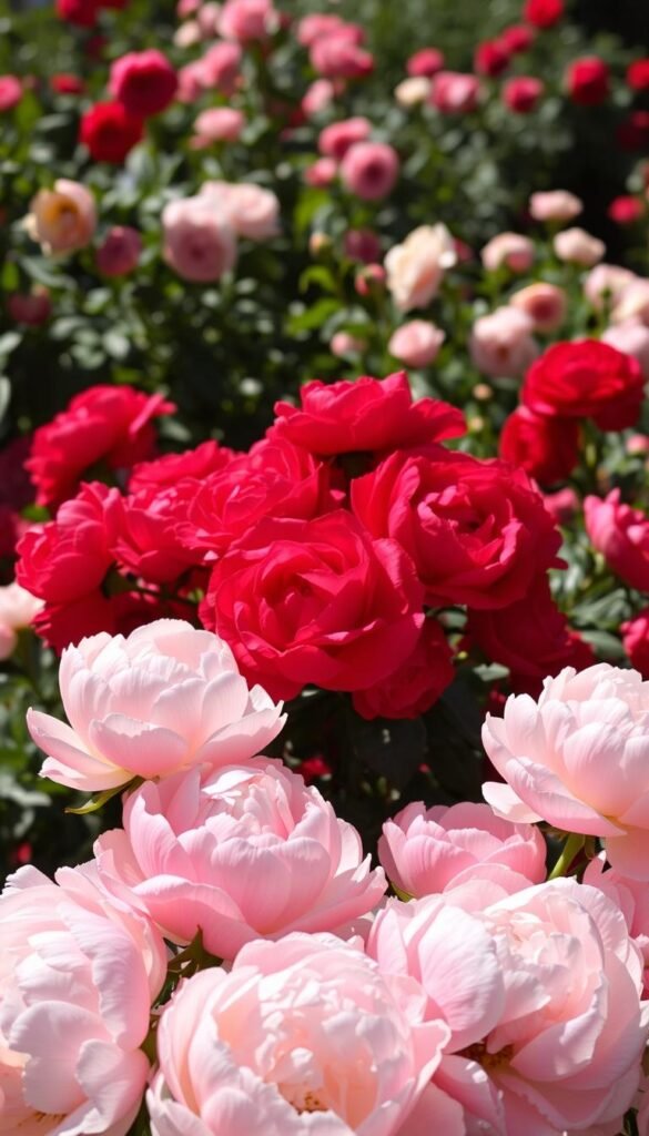A lush, romantic display of layered roses and peonies in a sun-dappled garden. In the foreground, an array of full-bloomed peonies in shades of pink and white, their voluptuous petals cascading gracefully. Behind them, a cluster of vibrant red roses, their velvety blooms accentuated by soft shadows and highlights from an angled natural lighting. In the background, a hazy, out-of-focus profusion of additional rose and peony plants, creating a sense of depth and abundance. The overall scene exudes a timeless, elegant charm, capturing the essence of a quintessential romantic flower garden.