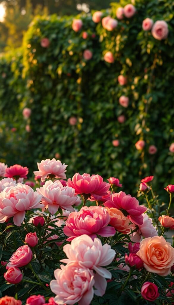 A lush, romantic garden bathed in soft, warm lighting. In the foreground, an array of vibrant peonies and garden roses in shades of pink, coral, and crimson blossoms, their petals gently swaying. Beyond, a verdant backdrop of lush foliage and trailing vines, creating a sense of privacy and enchantment. The scene is illuminated by the golden glow of the setting sun, casting a dreamy, ethereal atmosphere. The camera angle is slightly elevated, capturing the tranquil beauty of this serene, garden oasis, perfect for a romantic stroll.