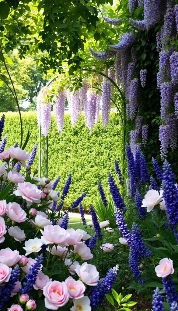 A lush, romantic garden border spilling with vibrant flowers and trailing vines. In the foreground, an abundance of blooming roses, peonies, and lavender in soft pastel hues. The middle ground features cascading wisteria and clematis vines framing an ornate garden arch. In the background, a verdant hedge frames the scene, creating a sense of enclosure and privacy. Dappled sunlight filters through the canopy, casting a warm, dreamlike glow over the entire composition. The overall mood is one of whimsical enchantment, inviting the viewer to step into this idyllic English garden oasis.
