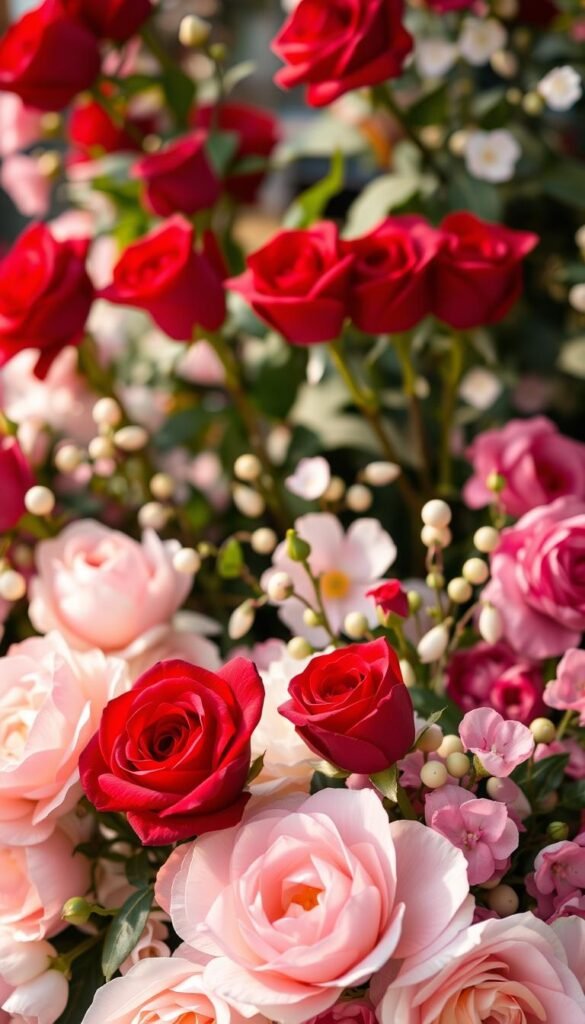 A lush, romantic garden scene featuring an arrangement of velvety red roses intertwined with delicate companion flowers. In the foreground, the roses bloom radiantly, their petals unfurling in a warm, natural light. Surrounding them, a harmonious blend of pastel-hued blooms such as peonies, hydrangeas, and sweet peas creates a visually striking and cohesive floral tapestry. The middle ground showcases the flowers' elegant forms and vibrant colors, while the background subtly fades into a soft, hazy bokeh, evoking a sense of tranquility and timelessness. The overall composition conveys a sense of refined elegance and timeless beauty, perfectly capturing the essence of the "Art of Floral Pairing".
