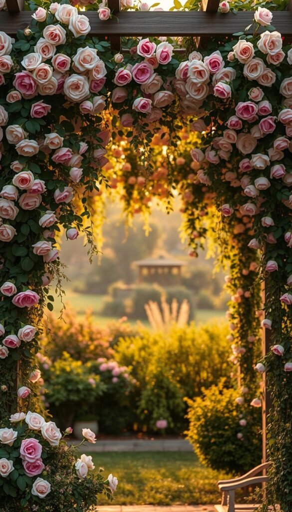 A lush, romantic pergola draped in cascading climbing roses, their delicate petals catching the warm golden light of a soft, hazy afternoon. The roses climb gracefully along the latticed wooden frame, creating a dreamy, ethereal canopy that dapples the ground below. In the foreground, a few scattered rose blooms lie at the base, hinting at the abundance above. The middle ground is filled with the verdant, vibrant foliage of the climbing vines, while the background fades into a blurred, ethereal landscape, heightening the sense of peaceful tranquility. This idyllic scene evokes a timeless, enchanting atmosphere, perfectly suited to showcase the creative potential of climbing roses in a romantic garden display.