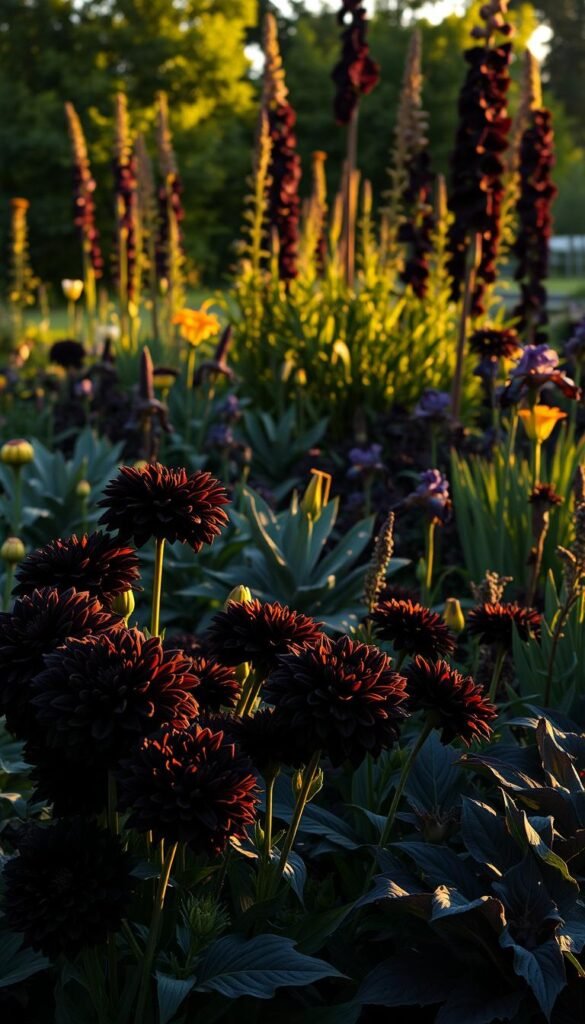 A lush, seasonal black flower garden bathed in warm, golden late afternoon sunlight. In the foreground, a cluster of velvety black dahlias and midnight-hued peonies sway gently in a light breeze. The middle ground features a mix of shadowy foliage plants like black elephant ears, purple-black coleus, and dark purple-black irises. In the background, a row of tall, stately black hollyhocks tower over the scene, their inky blossoms reaching towards the sky. The overall mood is one of dramatic, moody elegance - a stunning, jewel-toned garden designed to captivate and inspire.