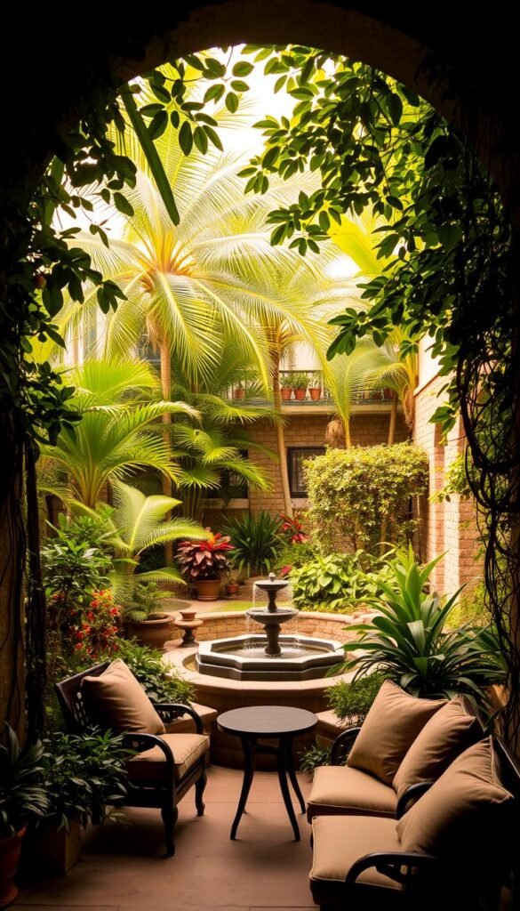 A lush, secluded courtyard garden, surrounded by a stone wall and filled with verdant foliage. In the foreground, a cozy seating area with plush cushions and a small table, inviting visitors to relax and unwind. The middle ground features a tranquil water feature, its gentle sounds creating a soothing ambiance. In the background, a mix of tall, swaying trees and colorful flowers add depth and visual interest. Warm, natural lighting filters through the canopy, casting a soft, inviting glow over the entire scene. The overall atmosphere conveys a sense of privacy, calmness, and a retreat from the bustling urban environment.