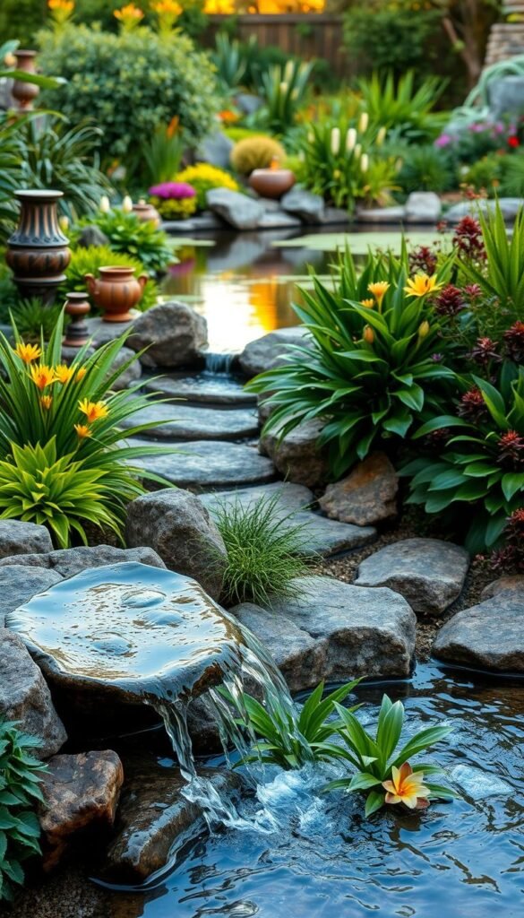 A lush, serene backyard garden featuring a harmonious blend of decorative and water elements. In the foreground, a gently flowing fountain cascades over natural stones, its soothing sounds creating a tranquil ambiance. Surrounded by vibrant, well-manicured foliage, the fountain is the centerpiece, drawing the eye and inviting closer exploration. The middle ground showcases a variety of aquatic plants, their lush greenery and delicate flowers creating a captivating visual tapestry. In the background, a serene pond reflects the surrounding landscaping, its still surface mirroring the natural beauty. Warm, diffused lighting illuminates the scene, casting a soft, golden glow and enhancing the overall atmosphere of relaxation and harmony.