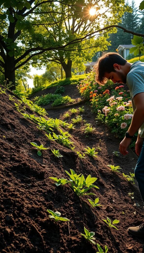 A lush, sloped garden with verdant flora and undulating terrain. In the foreground, a gardener intently examines the soil, assessing the slope's conditions - the angle, the drainage, the stability of the ground. Warm, diffused sunlight filters through the canopy of trees, casting a gentle glow over the scene. The background reveals an array of blooming flowers, their vibrant hues contrasting against the earthy tones of the slope. The composition emphasizes the interconnectedness of the garden's elements, inviting the viewer to appreciate the nuances of the landscape and its potential for cultivation. A serene, contemplative atmosphere pervades the image, capturing the essence of understanding one's sloped yard.