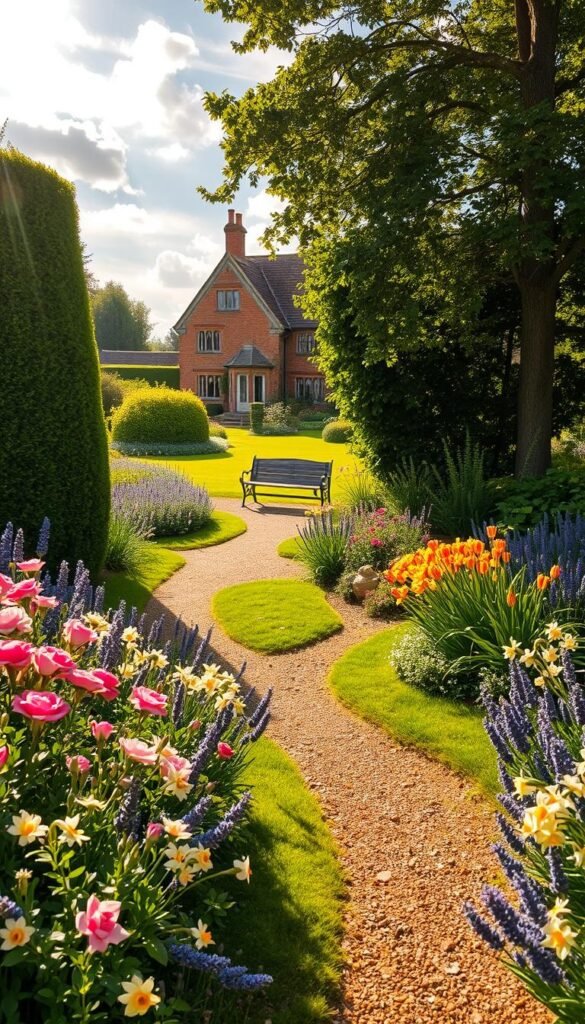 A lush, sprawling English country garden, bursting with vibrant blooms and verdant foliage. In the foreground, a winding gravel path leads through a riot of colorful flowers - delicate roses, fragrant lavender, and cheerful daffodils. Towering hedgerows frame the scene, casting dappled shadows that dance across the carefully manicured lawn. In the middle ground, a weathered stone bench invites visitors to pause and admire the timeless beauty. Beyond, a centuries-old manor house stands proud, its red-brick facade and mullioned windows a testament to the heritage of this enchanting landscape. Warm, golden sunlight filters through wispy clouds, creating a serene, idyllic atmosphere. This is the essence of the English garden, a harmonious blend of nature and tradition.