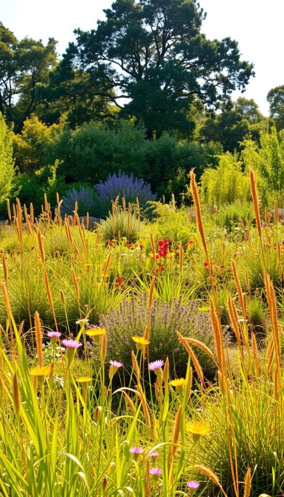 A lush, sprawling garden featuring a diverse array of native plants in a natural, harmonious landscape. In the foreground, vibrant wildflowers and grasses sway gently in a warm, golden light. The middle ground showcases a mix of indigenous shrubs and perennials, their foliage creating a tapestry of textures and colors. In the background, a cluster of mature native trees casts a soft, dappled shade, framing the scene with a sense of depth and tranquility. The entire composition exudes a serene, organic ambiance, inviting the viewer to immerse themselves in the beauty of a thriving, low-maintenance native plant ecosystem.