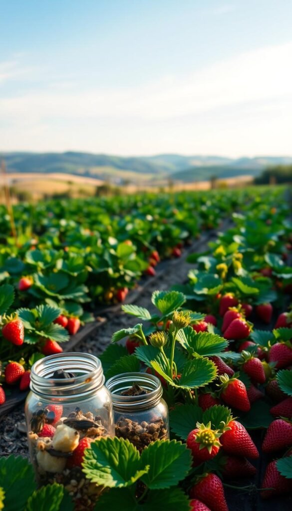 A lush strawberry garden bathed in soft, natural light. In the foreground, organic pest control methods are displayed - jars of beneficial insects, companion plants, and handpicked pests. The middle ground showcases a well-tended strawberry patch, with healthy, vibrant berries. In the background, a serene landscape with rolling hills and a clear blue sky. The overall composition conveys a sense of harmony, sustainability, and a holistic approach to natural pest management in the strawberry garden.