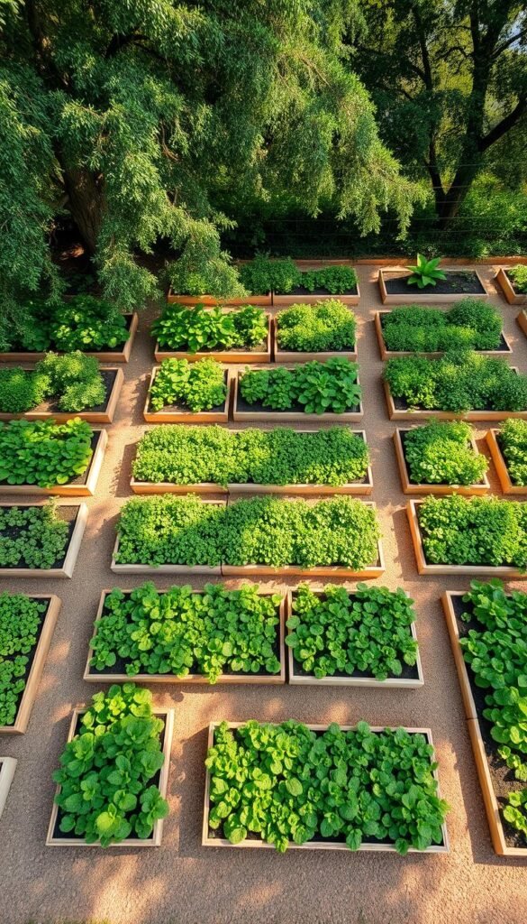 A lush, structured garden layout with neatly organized vegetable beds. A serene, overhead view showcases the harmonious arrangement of rectangular raised beds, their edges defined by carefully constructed wooden frames. The beds are filled with a vibrant tapestry of green foliage, hinting at the healthy, flourishing produce within. Dappled sunlight filters through a canopy of mature trees, casting warm shadows across the scene. The composition is balanced, with a sense of order and purposeful design, inviting the viewer to appreciate the fundamentals of an efficient and visually appealing vegetable garden layout.