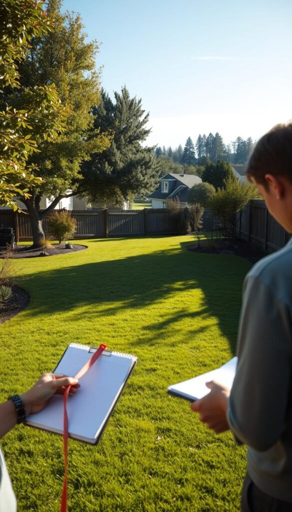 A lush, sun-dappled backyard with an attentive homeowner evaluating its potential. In the foreground, a tape measure and notepad convey careful assessment, while in the middle ground, the yard itself unfolds - a blank canvas of green grass, a few mature trees, and ample space for gardens, seating areas, and more. The background depicts a tranquil suburban setting, with neighboring homes and a clear blue sky overhead, suggesting the possibilities for transforming this ordinary yard into an extraordinary oasis. Soft, warm lighting accentuates the scene, inviting the viewer to imagine the yard's future as a serene, personalized outdoor haven.