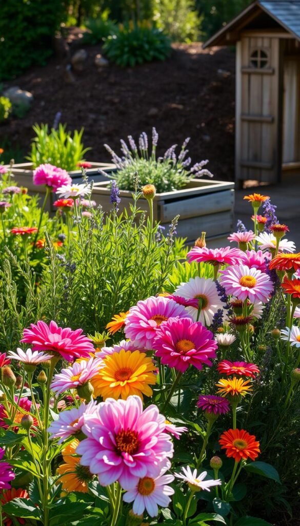 A lush, sun-dappled cut flower and herb garden, with vibrant blooms and verdant foliage flowing together in a harmonious display. In the foreground, a vibrant array of colorful flowers such as peonies, dahlias, and zinnias, their petals gently swaying in a soft breeze. The middle ground features a mix of fragrant herbs, including rosemary, lavender, and thyme, their delicate leaves and stems adding depth and texture. In the background, a natural, earthy backdrop of rich soil, weathered wooden planters, and a hint of a rustic garden shed, creating a sense of warmth and coziness. The lighting is soft and golden, casting a romantic glow over the entire scene, evoking a sense of tranquility and inspiration.