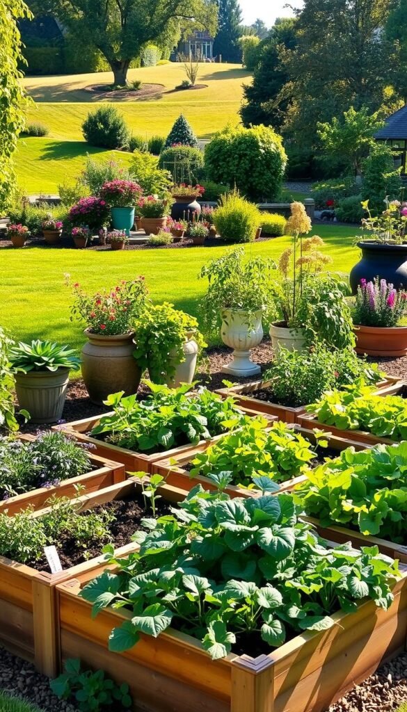 A lush, sun-dappled garden showcasing a variety of raised beds and container gardening options. In the foreground, a neatly arranged collection of wooden raised beds filled with thriving vegetables and herbs, their vibrant foliage gently swaying in a soft breeze. In the middle ground, an assortment of decorative planters and containers housing a diverse array of flowering plants and trailing vines, creating a visually stunning and harmonious composition. The background features a well-tended, expertly landscaped garden, with a gently sloping lawn, verdant trees, and a glimpse of a quaint garden shed or greenhouse, bathed in warm, golden light. The overall scene exudes a sense of tranquility, abundance, and the joys of organic, sustainable gardening.