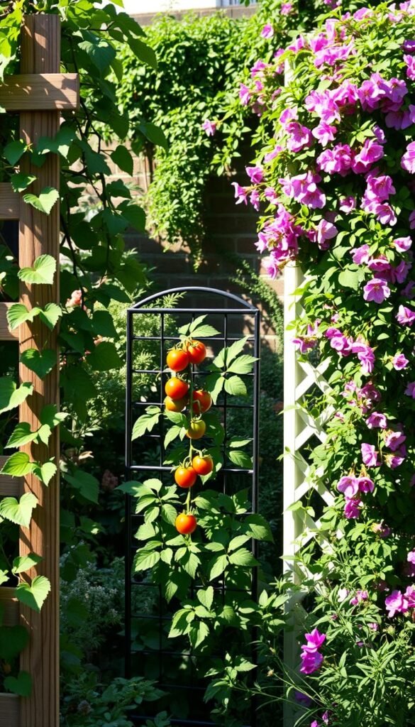 A lush, sun-dappled garden with a variety of DIY trellis ideas. In the foreground, a rustic wooden trellis frames a climbing vine, its leaves and flowers cascading gracefully. In the middle ground, a modern metal trellis supports a thriving tomato plant, its ripe fruit peeking through the foliage. In the background, a sprawling lattice trellis is covered in a vibrant, flowering clematis, creating a stunning vertical accent. Soft, warm lighting bathes the scene, highlighting the textures and colors of the various trellis designs. The overall atmosphere is one of tranquility, creativity, and the harmonious integration of form and function in an urban gardening setting.
