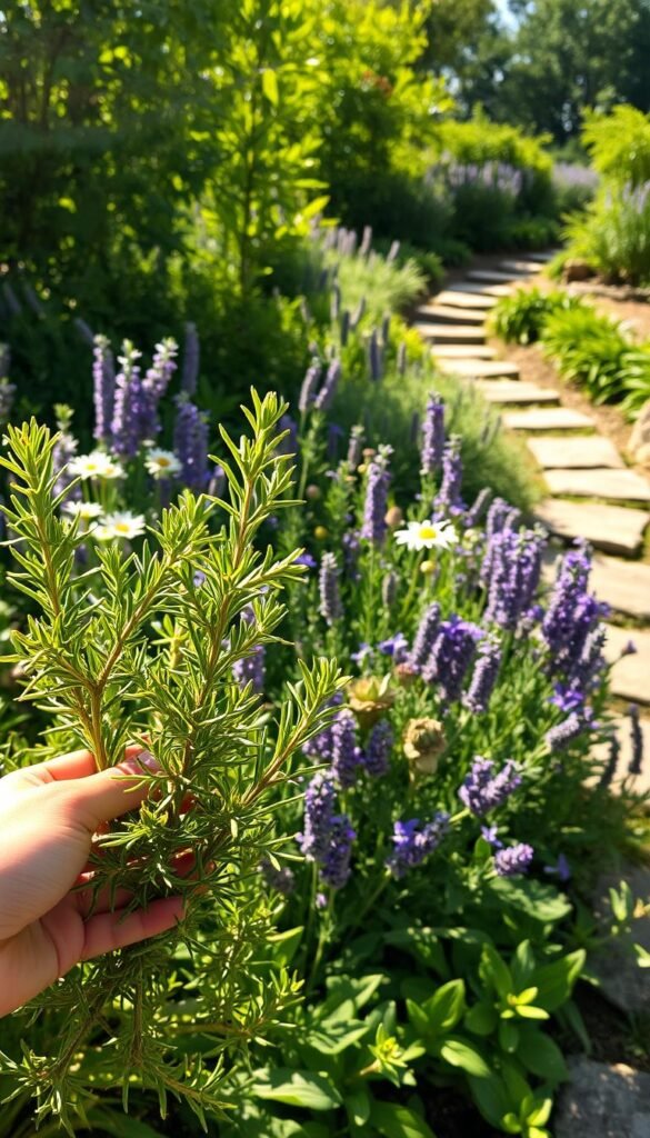 A lush, sun-dappled herb garden, bursting with vibrant greens and delicate blooms. In the foreground, a gentle hand tenderly tends to a thriving rosemary plant, its aromatic leaves glistening with morning dew. The middle ground showcases a diverse array of medicinal herbs, each with their unique shapes, textures, and healing properties - lavender, chamomile, and echinacea, their colors and aromas intertwining. In the background, a cozy stone path winds through the verdant landscape, inviting the viewer to explore and connect with the restorative power of this tranquil, restorative oasis. Soft, warm lighting filters through the canopy, creating a soothing, rejuvenating atmosphere.