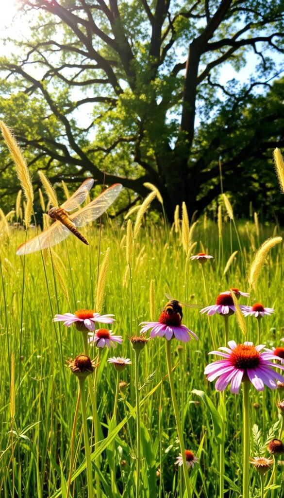 A lush, sun-dappled meadow teeming with native wildflowers and vibrant insects. In the foreground, delicate milkweed blossoms and tall, swaying grasses create a serene, naturalistic setting. Dragonflies dart through the air, their iridescent wings catching the golden light. In the middle ground, a bumblebee pollinates a clump of native coneflowers, its fuzzy body dusted with pollen. Towering in the background, mature oak and maple trees provide a verdant canopy, casting dappled shadows on the scene below. An overall sense of harmony and balance, celebrating the essential role of native plants and insects in a thriving, interconnected ecosystem.