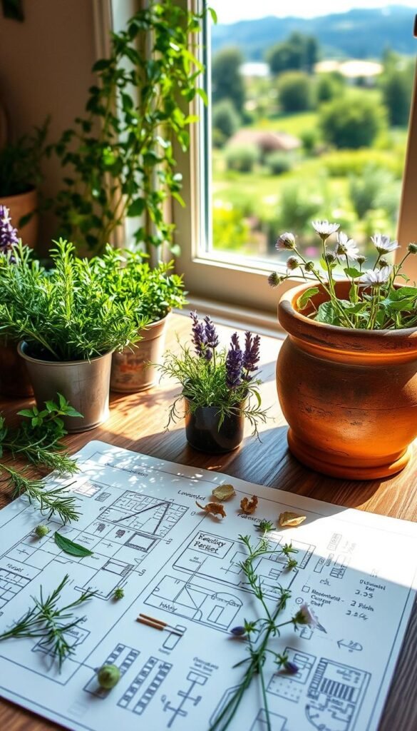 A lush, sun-dappled medicinal herb garden meticulously planned on a wooden table. In the foreground, an open sketchbook displays a detailed garden layout, surrounded by pots of thriving herbs like rosemary, lavender, and chamomile. Midground features a rustic clay pot overflowing with fragrant greenery, casting soft shadows. The background showcases a window overlooking a scenic garden, warm natural light streaming in. The overall atmosphere is one of tranquility, organization, and the joy of cultivating nature's healing bounty.