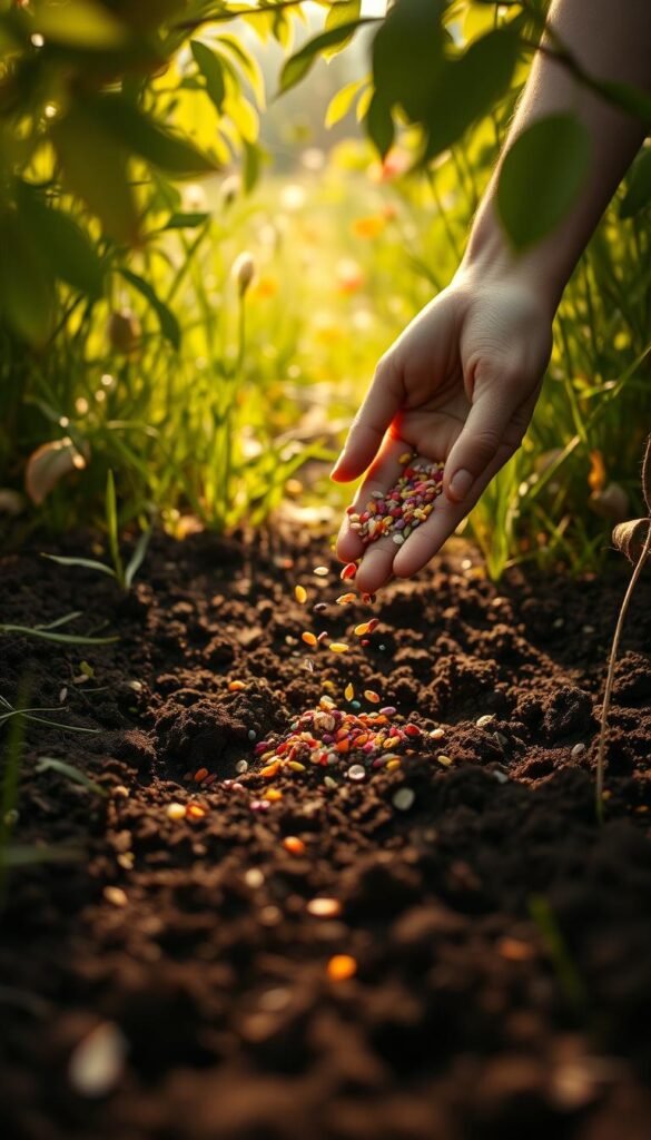 A lush, sun-dappled scene of a person's hands delicately scattering a mixture of colorful wildflower seeds across a freshly tilled patch of soil. The foreground shows the hands in close-up, the seeds cascading like a gentle rain, while the middle ground reveals the newly prepared planting bed, its dark, nutrient-rich earth ready to receive the tiny, life-filled capsules. In the background, a verdant, unruly meadow frames the scene, hinting at the wild, naturalistic beauty that will soon emerge from this small, intentional planting. Warm, golden light filters through the leaves, imbuing the moment with a sense of hope and possibility. Soft, diffused focus creates a sense of dreamlike tranquility, as if this were a timeless ritual of renewal and rebirth.