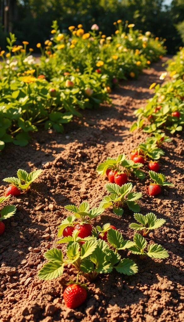 A lush, sun-dappled strawberry garden setting with rich, loamy soil in the foreground. Delicate green foliage and vibrant red strawberries dotting the beds, framed by a backdrop of thriving flowering plants and bushes that attract an abundance of buzzing pollinators. Warm, golden lighting filters through the scene, casting a natural, earthy glow. The composition is balanced, with a sense of depth and harmony, inviting the viewer to envision the foundation of a thriving, organic strawberry patch.