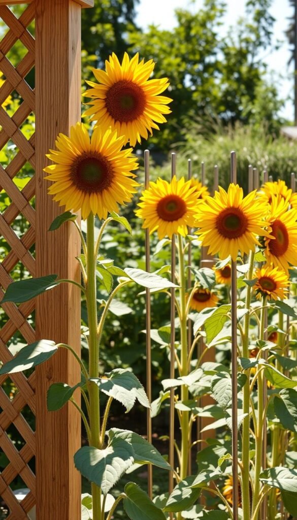A lush, sun-dappled sunflower garden, with several tall, vibrant blooms supported by various structures. In the foreground, a wooden trellis supports the sunflowers, its intricate lattice casting gentle shadows. In the middle ground, metal stakes prop up the sunflower stems, creating a visually compelling pattern. The background features a blend of greenery, hinting at a well-tended backyard oasis. The lighting is warm and natural, accentuating the golden hues of the sunflowers and the earthy tones of the supporting structures. Captured with a wide-angle lens, the image conveys a sense of depth and balance, showcasing the harmonious integration of sunflowers and their support methods.