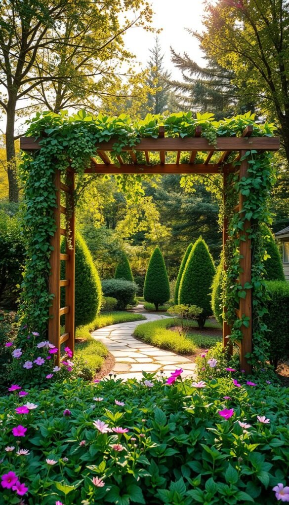 A lush, sun-dappled trellis garden space, featuring a wooden arbor draped with cascading vines and blooming flowers. In the foreground, a verdant bed of vibrant perennials, their petals swaying gently in a soft breeze. The middle ground showcases a meandering stone path, inviting exploration. In the background, a mix of towering trees and carefully pruned shrubs, creating a sense of enclosure and privacy. Warm, golden light filters through the leafy canopy, casting a natural, inviting glow over the entire scene. The composition is balanced, with the trellis serving as the central focal point, drawing the viewer's eye inward. Overall, a serene, harmonious outdoor oasis, perfect for showcasing the beauty and functionality of vertical garden structures.