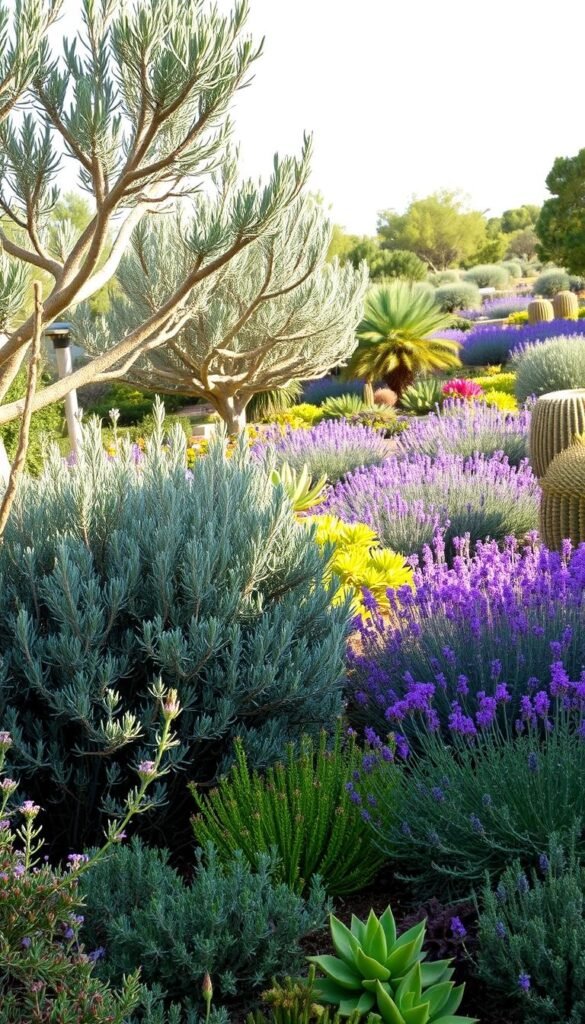 A lush, sun-drenched Mediterranean garden, featuring a diverse array of drought-tolerant plants. In the foreground, a cluster of silvery-green olive trees stands tall, their gnarled trunks casting gentle shadows. Interspersed among them, vibrant rosemary bushes with delicate purple flowers. In the middle ground, sprawling lavender plants sway in the warm breeze, their fragrant blooms creating a calming atmosphere. Further back, a profusion of hardy succulents and cacti dot the landscape, their intricate shapes and textures complementing the overall aesthetic. The scene is bathed in soft, diffused light, creating a serene and harmonious composition that captures the essence of a Mediterranean garden design.