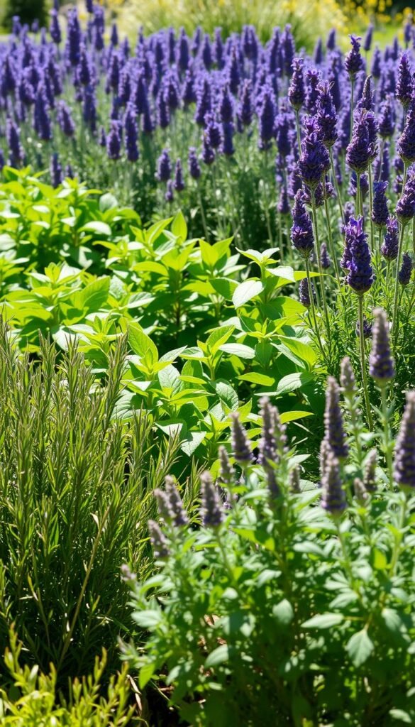 A lush, sun-drenched garden filled with a vibrant collection of easy-to-grow medicinal herbs. In the foreground, a cluster of bushy, aromatic plants like rosemary, thyme, and oregano sway gently in a light breeze. In the middle ground, a row of verdant, broad-leaved plants like peppermint and lemon balm flourish, their leaves shimmering with dew. The background features a backdrop of towering, healthy lavender plants, their purple hues complementing the warm, earthy tones of the other herbs. The scene is bathed in soft, natural lighting, creating a serene and inviting atmosphere perfect for a beginner gardener's medicinal herb haven.