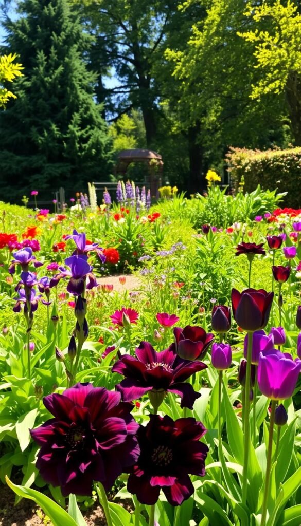 A lush, sun-drenched garden scene with vibrant flowers and verdant foliage. In the foreground, a riot of blooms in rich, dramatic hues - velvety black dahlias, deep purple irises, and exotic black tulips sway gently in a warm breeze. The middle ground features a diverse mix of thriving perennials and annuals, their leaves casting dappled shadows on the well-tended soil. In the background, towering evergreens and mature trees frame the scene, filtering the golden light to create a warm, inviting atmosphere. The overall impression is one of abundant, vital growth and an embracing, enveloping sense of nature in full bloom under the radiant sun.