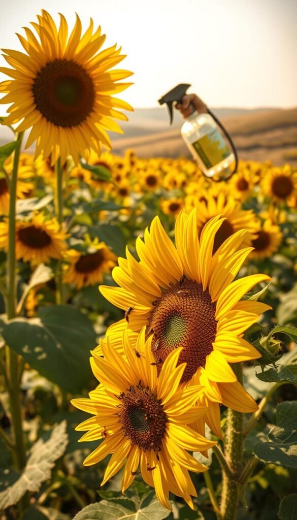 A lush sunflower field bathed in warm, golden sunlight. In the foreground, a close-up view of a sunflower bloom infested with pests - aphids, beetles, and other insects crawling across the petals and leaves. The middle ground showcases a gardener wielding a spray bottle, applying an organic pest control solution to the affected flowers. In the background, rolling hills and a cloudless sky create a serene, pastoral setting. The scene conveys a sense of diligence and care in maintaining a healthy, vibrant sunflower garden.