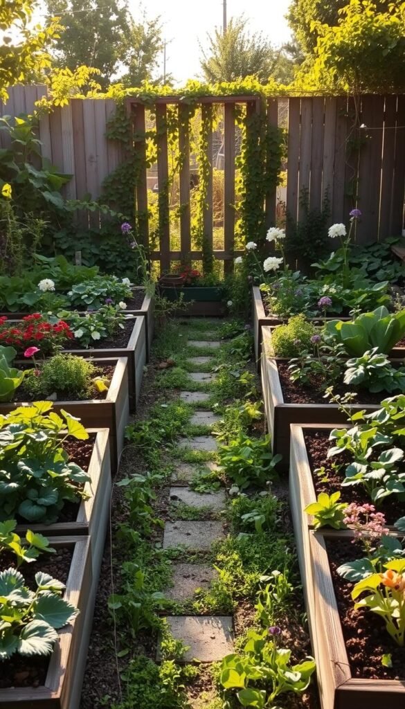 A lush, sustainable backyard garden filled with neatly arranged raised garden beds, overflowing with a vibrant variety of vegetables, herbs, and flowers. The scene is bathed in warm, golden afternoon sunlight, casting gentle shadows and highlighting the textures of the natural elements. In the middle ground, a small, winding path leads through the garden, inviting exploration. In the background, a wooden fence or trellis supports climbing vines, adding depth and visual interest. The overall atmosphere is one of tranquility, productivity, and environmental harmony, showcasing the perfect balance of aesthetics and function for a low-maintenance, sustainable backyard oasis.