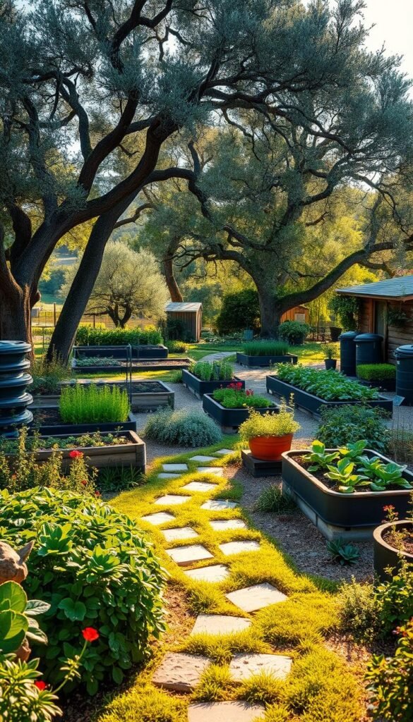 A lush, sustainable garden oasis with raised vegetable beds nestled among mature oak and olive trees. The scene is bathed in warm, golden afternoon light, casting soft shadows across the well-tended beds of leafy greens, vibrant flowers, and thriving herbs. In the foreground, a winding stone path invites exploration, flanked by flourishing berry bushes and neatly stacked compost bins. In the middle ground, the raised beds feature intricate companion planting, maximizing space and nutrient efficiency. In the background, the canopy of the towering trees filters the sunlight, creating a serene, natural ambiance. An abundance of pollinator-friendly plants, a small pond, and a wooden garden shed complete this self-sustaining, idyllic landscape.