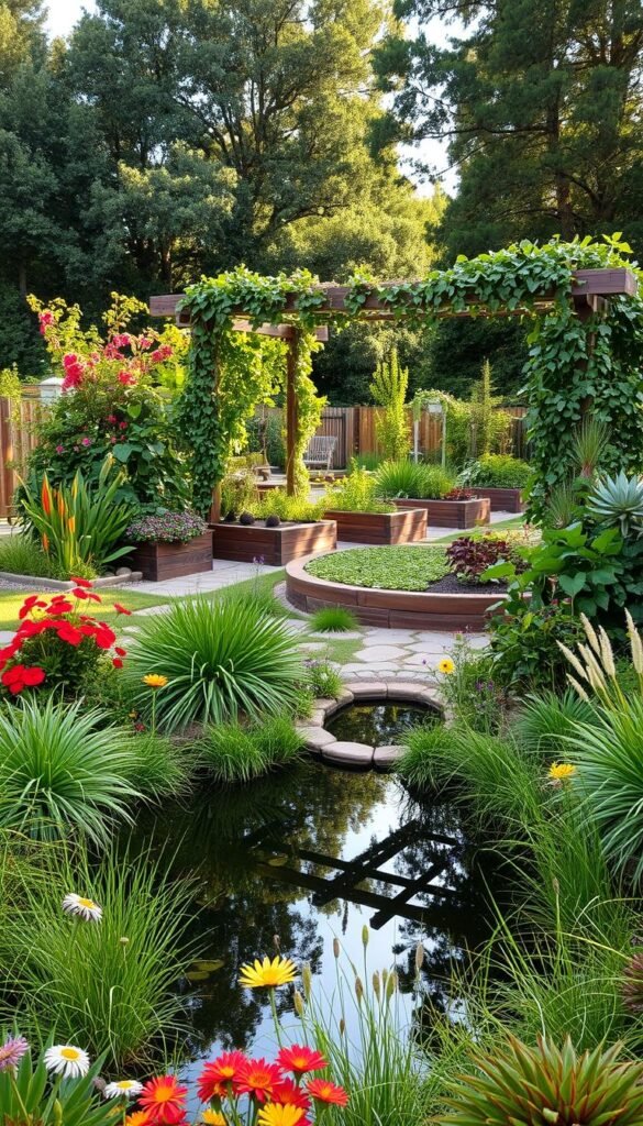 A lush, sustainable garden with a harmonious blend of native plants, water features, and renewable materials. In the foreground, a serene pond surrounded by a ring of vibrant, drought-tolerant flowers and grasses. In the middle ground, raised garden beds overflow with thriving vegetables and herbs, complemented by a wooden pergola draped in cascading vines. The background features a dense but carefully curated array of indigenous trees and shrubs, creating a natural, inviting atmosphere. Soft, diffused natural lighting filters through the foliage, casting a warm glow across the scene. The overall composition conveys a sense of balance, resilience, and environmental stewardship.