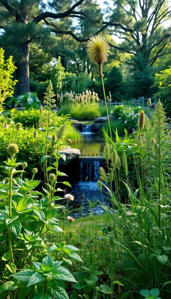 A lush, sustainable garden with vibrant greenery and thriving vegetation. In the foreground, a variety of edible plants and herbs flourish, their leaves and flowers casting gentle shadows. In the middle ground, a serene pond with a small waterfall, surrounded by native wildflowers and grasses. In the background, a backdrop of towering trees, their branches filtering warm, natural light. The scene exudes a sense of harmony and balance, showcasing the environmental benefits of a well-designed, eco-friendly garden. Soft, diffused lighting captures the tranquil atmosphere, inviting the viewer to appreciate the beauty and functionality of sustainable landscape design.