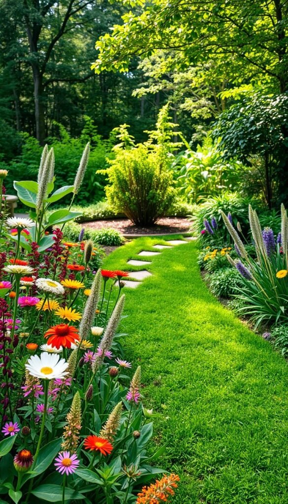 A lush, sustainable native plant garden nestled in a serene backyard oasis. The foreground showcases a vibrant, diverse arrangement of indigenous flowers and foliage, their colors and textures creating a harmonious tapestry. In the middle ground, a meandering path winds through a lush, low-maintenance groundcover, leading the eye towards a focal point - a sculptural native shrub or small tree. The background features a natural, wooded scene, with dappled sunlight filtering through the canopy, casting a warm, peaceful glow over the entire composition. The overall scene conveys a sense of tranquility, balance, and a deep connection to the local ecosystem.