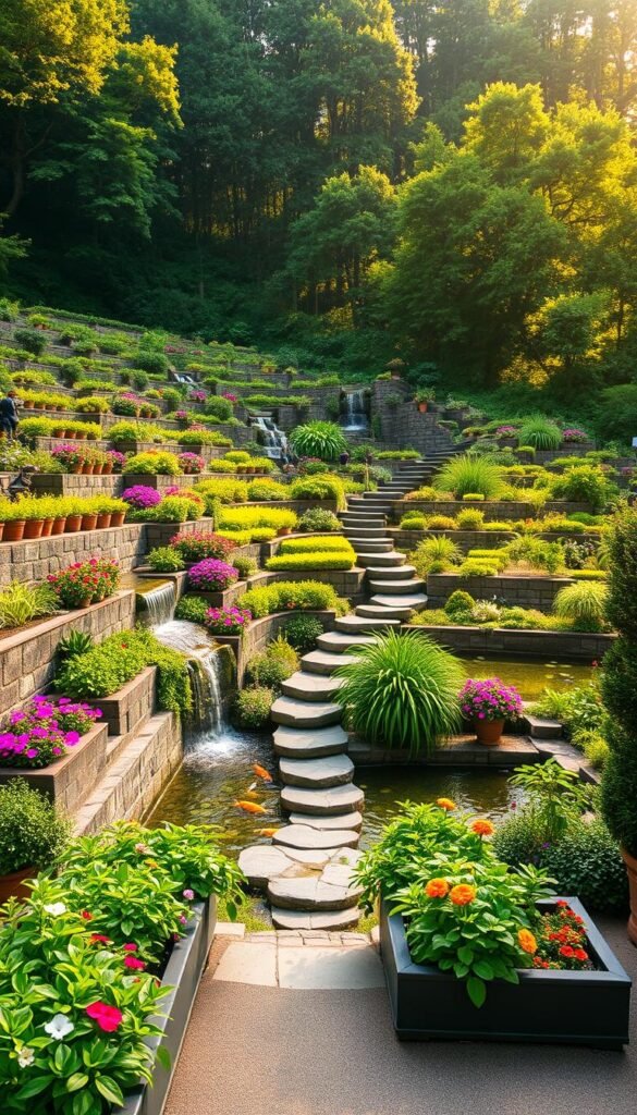 A lush, terraced garden cascading down a gentle slope, showcasing a harmonious blend of vibrant flora. In the foreground, neatly arranged planter boxes brimming with thriving greenery and colorful blooms. The middle ground features strategically placed stepping stones leading visitors through the tranquil landscape, flanked by cascading waterfalls and koi ponds. The background is dominated by a verdant canopy of trees, filtering warm, golden sunlight that casts a serene glow upon the entire scene. The overall composition evokes a sense of balance, tranquility, and a harmonious coexistence between nature and human-designed elements.