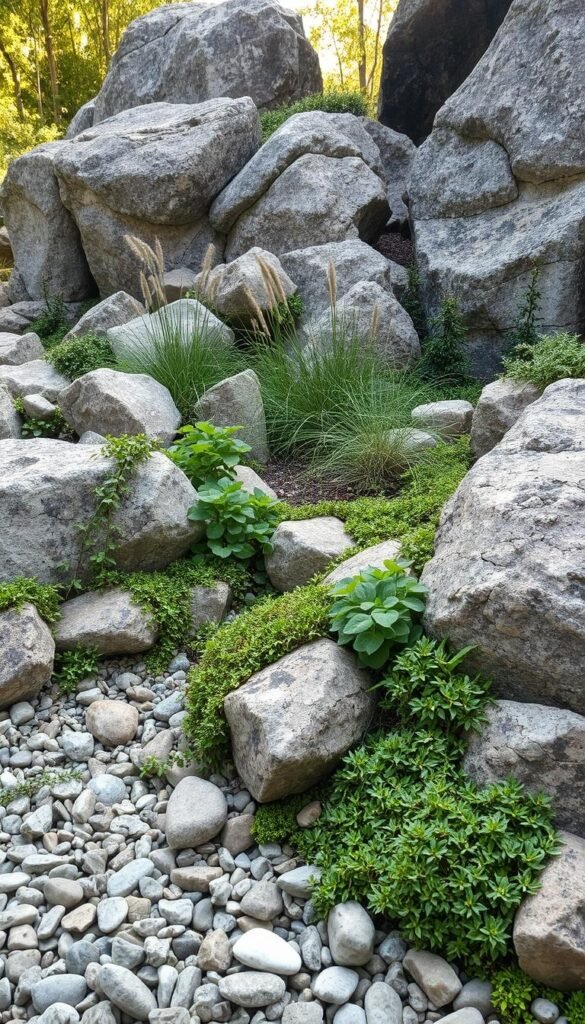 A lush, textured rock garden design featuring an array of natural stone formations, cascading greenery, and subtle lighting. In the foreground, irregular-shaped boulders and pebbles are artfully arranged, creating a rugged, organic feel. Trailing vines and low-growing plants like sedum and thyme spill over the edges, softening the hard edges. In the middle ground, taller vegetation such as ornamental grasses and small shrubs add depth and visual interest. The background is anchored by larger, weathered rocks that frame the scene, evoking a sense of tranquility. Dappled sunlight filters through the foliage, casting gentle shadows and highlights that accentuate the varied textures. An atmospheric, zen-like ambiance pervades the carefully curated rock garden landscape.