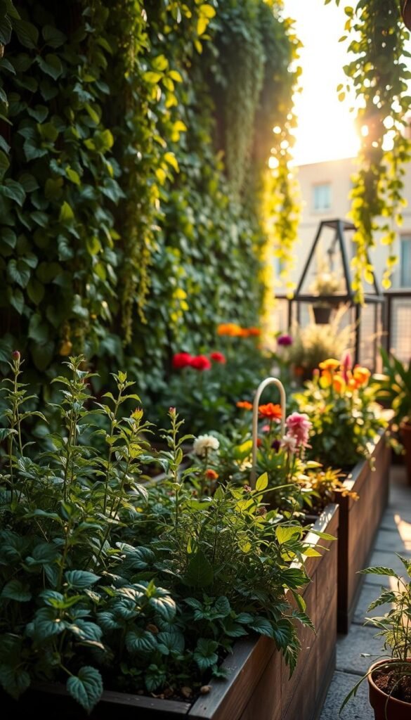 A lush, thriving eco garden nestled within a cozy urban patio. In the foreground, vibrant green plants and herbs flourish in raised garden beds, their leaves gently swaying in the soft breeze. The middle ground showcases a variety of flowering plants, their petals bursting with color, attracting a flurry of pollinators. In the background, a vertical green wall cascades down, creating a natural, soothing ambiance. The scene is illuminated by warm, golden sunlight filtering through the leaves, casting a peaceful glow over the entire space. The overall atmosphere exudes a sense of tranquility and harmony, inviting the viewer to immerse themselves in the benefits of an eco-friendly urban oasis.