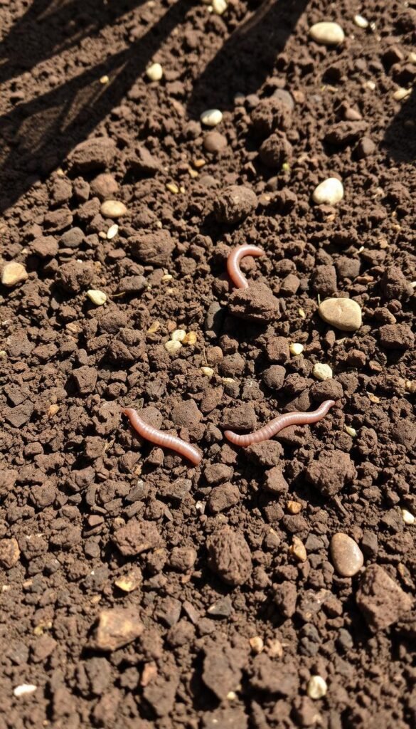 A lush, thriving garden bed with nutrient-rich, dark brown soil. The soil has a crumbly, loamy texture, indicating excellent drainage and aeration. Delicate earthworms wriggle through the soil, aerating and enriching it. Scattered throughout are small pebbles and decaying organic matter, providing essential minerals and improving water retention. Sunlight filters through the canopy, gently illuminating the scene. The soil exudes an earthy, inviting scent, promising a bountiful harvest. A sense of harmony and vitality permeates the image, inspiring the viewer to get their hands dirty and start their own thriving backyard garden. A lush, thriving garden bed with nutrient-rich, dark brown soil. The soil has a crumbly, loamy texture, indicating excellent drainage and aeration. Delicate earthworms wriggle through the soil, aerating and enriching it. Scattered throughout are small pebbles and decaying organic matter, providing essential minerals and improving water retention. Sunlight filters through the canopy, gently illuminating the scene. The soil exudes an earthy, inviting scent, promising a bountiful harvest. A sense of harmony and vitality permeates the image, inspiring the viewer to get their hands dirty and start their own thriving backyard garden.